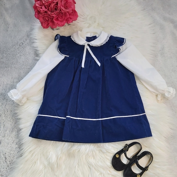 Vintage Other - Vintage 24m  Blue Velvet Peter Pan Collar Dresss